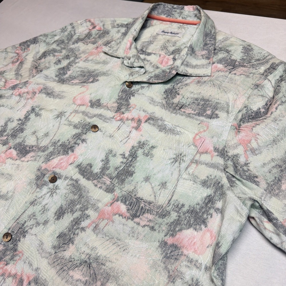 Tommy Bahama Silk Blend‎ Flamingo Floral Hawaiian Wooden Button Up Men's XL